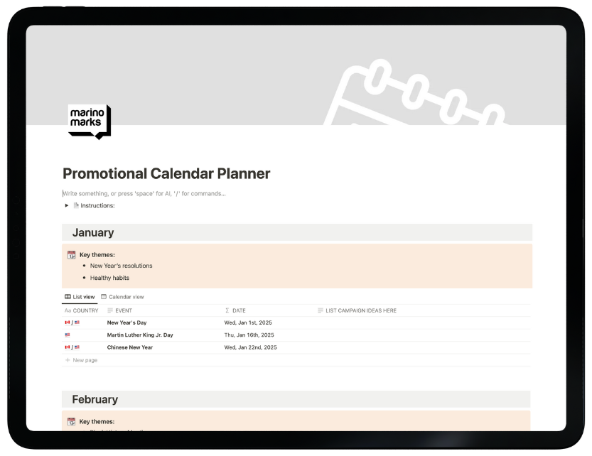 Promotional Calendar Planner Marino Marks